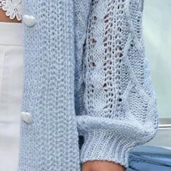 PLUS SIZE BLUE BUTTON UP CABLE KNIT CARDIGAN - Picture 6 of 6